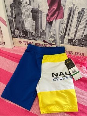 Nautica Boys Blue, White & Yellow Colorblock Swim Trunks